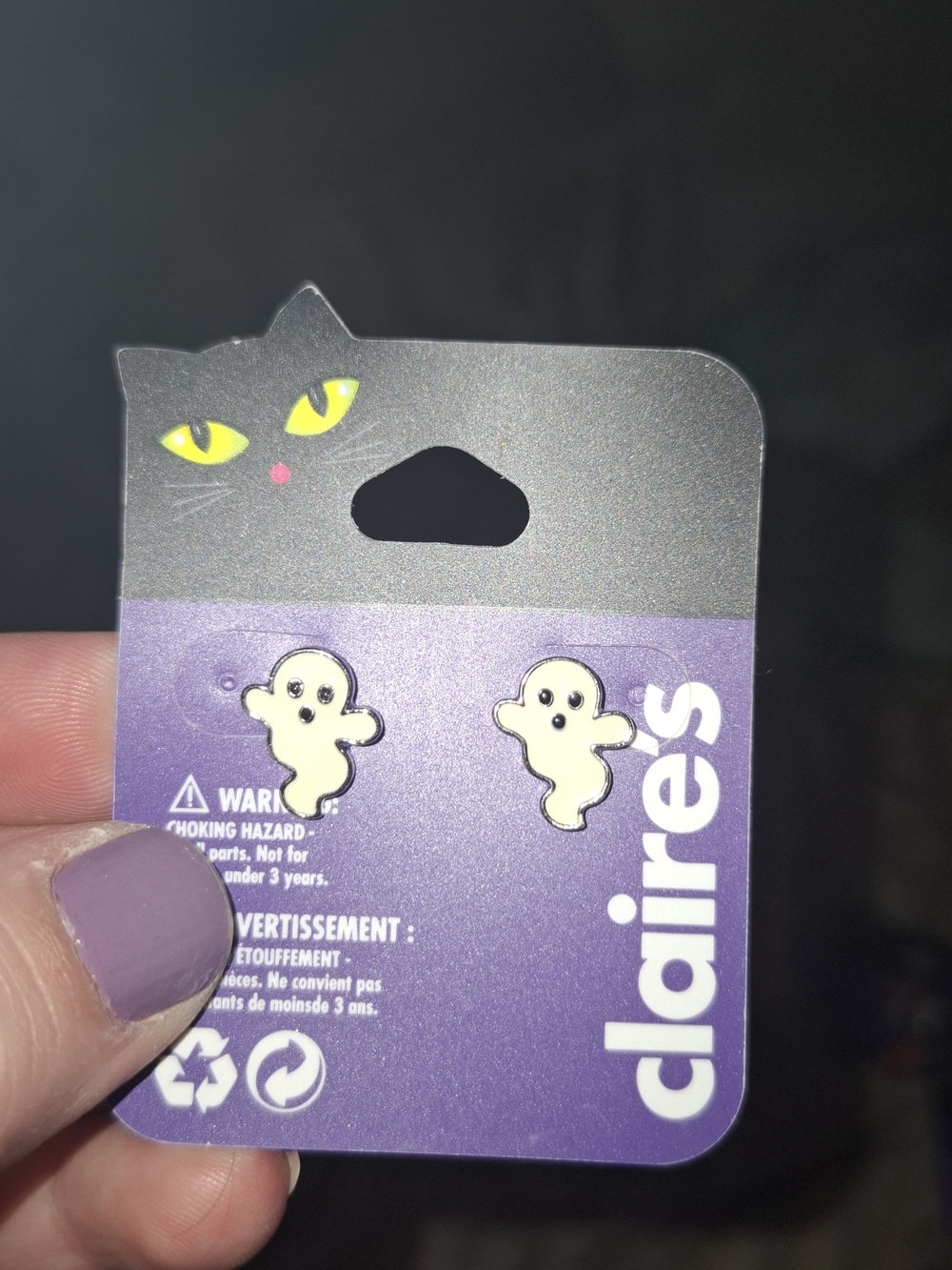 Claire's Yellow-Eyed Cat Packaging with White Ghost Stud Earrings